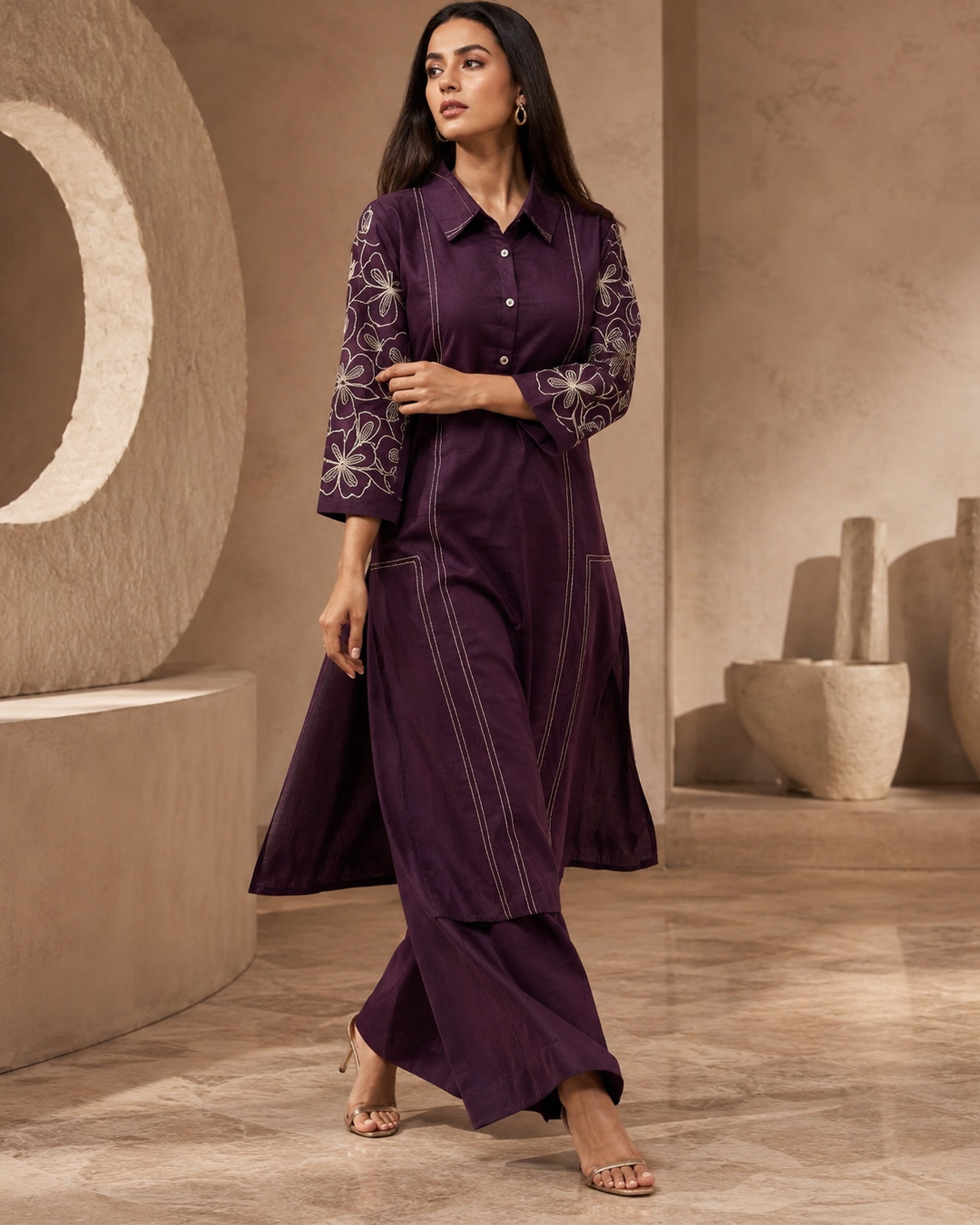 Women's Premium Plum Purple Softy Linen Embroidered Kurta Pant Set