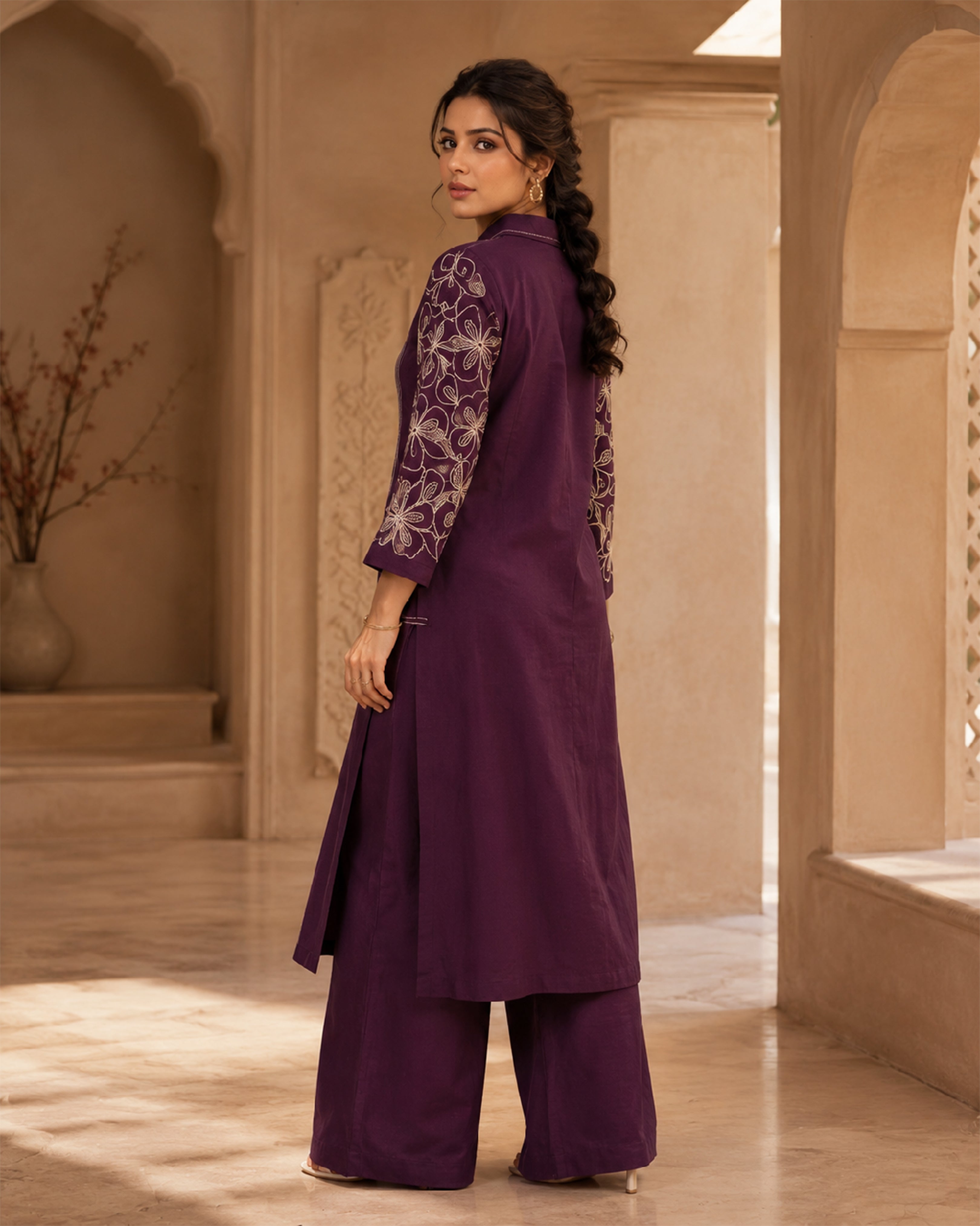 Women's Premium Plum Purple Softy Linen Embroidered Kurta Pant Set