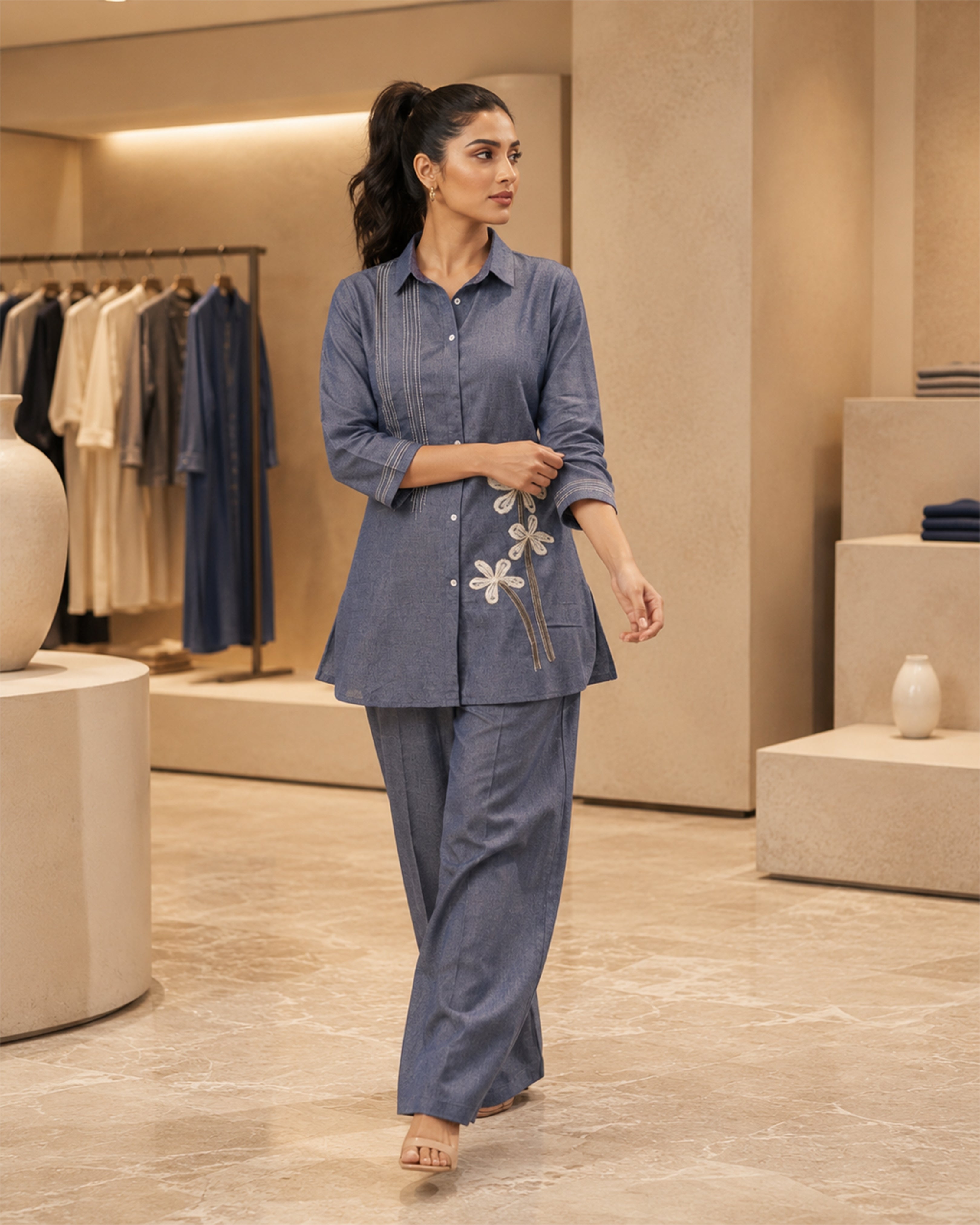 Women's Premium Blue Jute Linen Embroidered Co-Ord Set