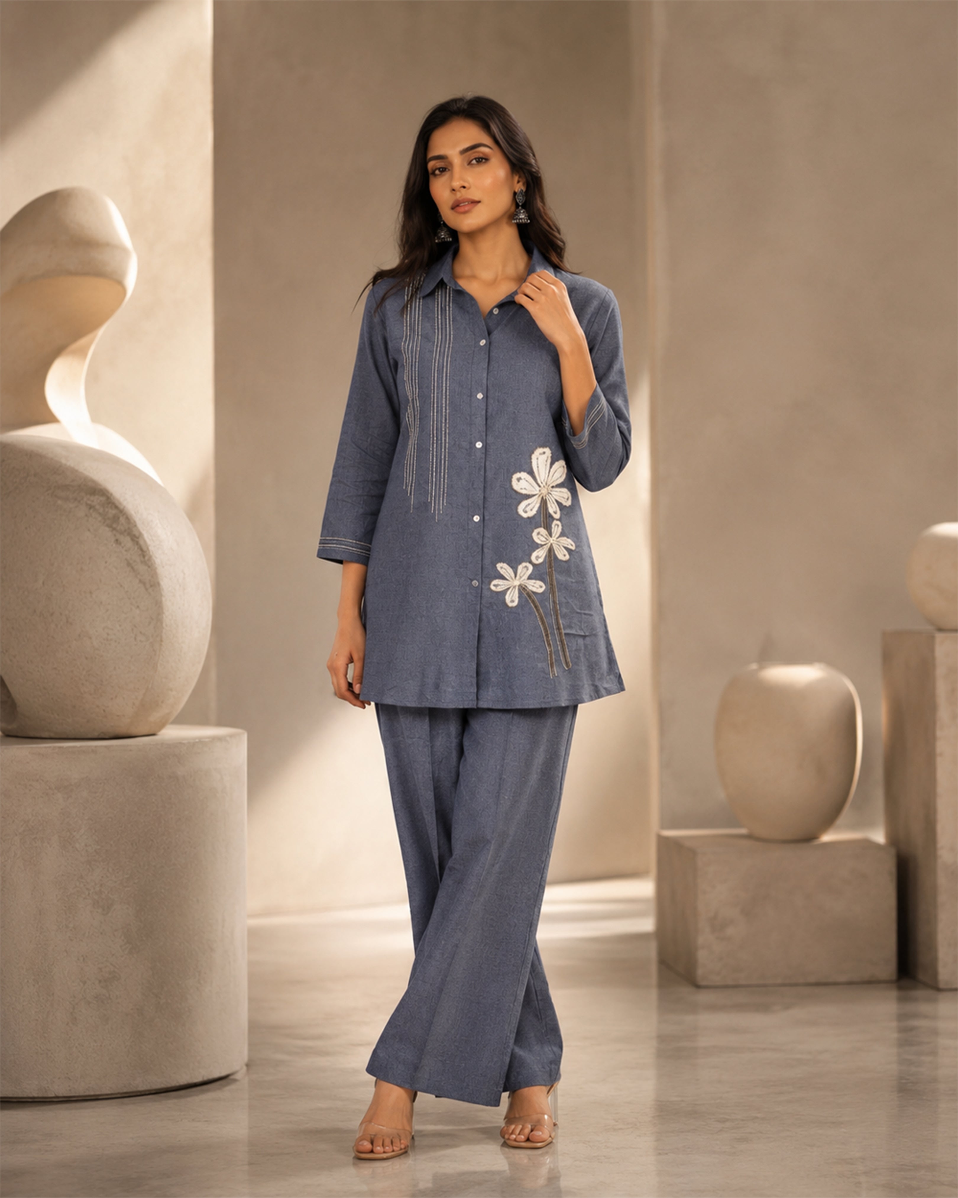 Women's Premium Blue Jute Linen Embroidered Co-Ord Set