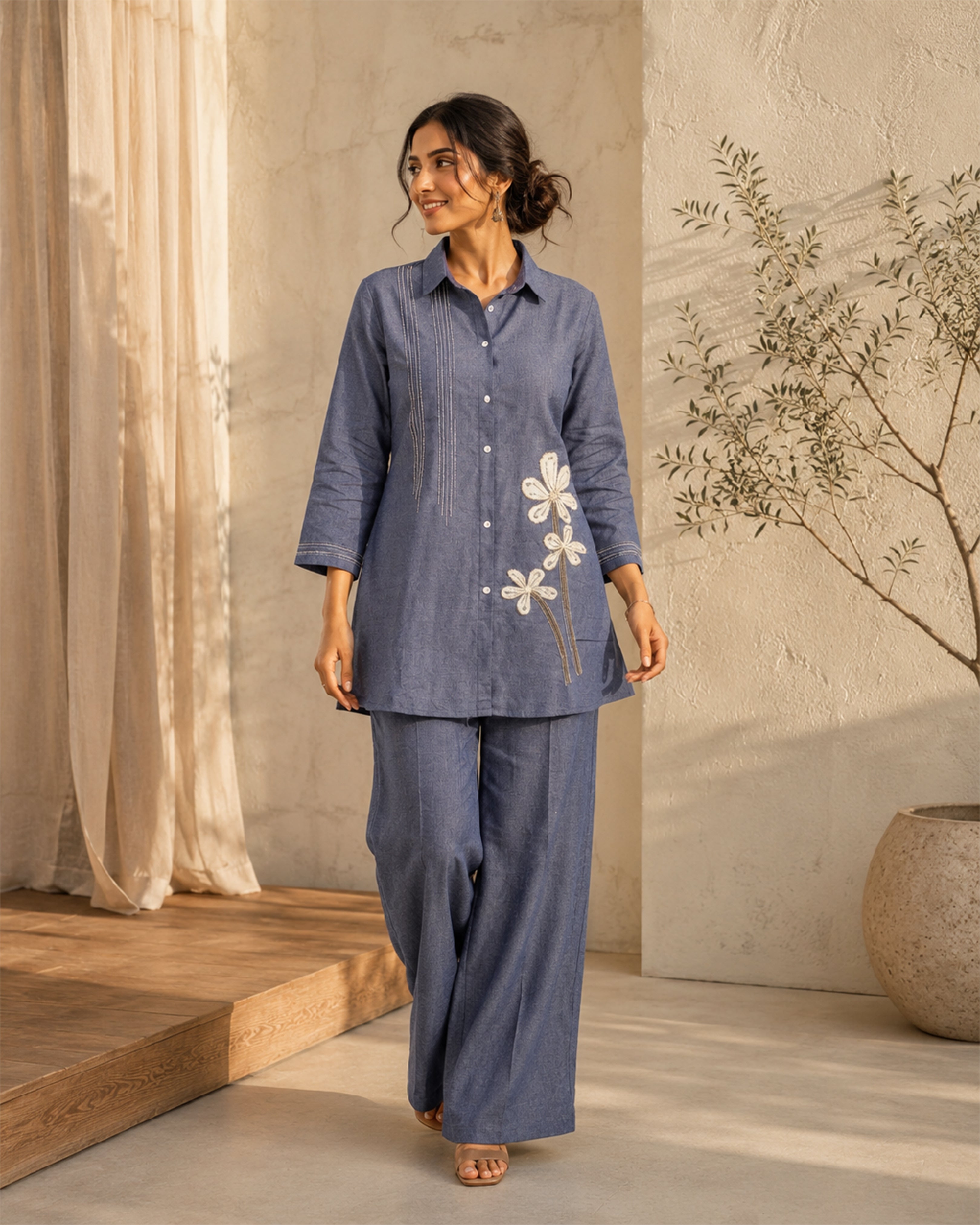 Women's Premium Blue Jute Linen Embroidered Co-Ord Set