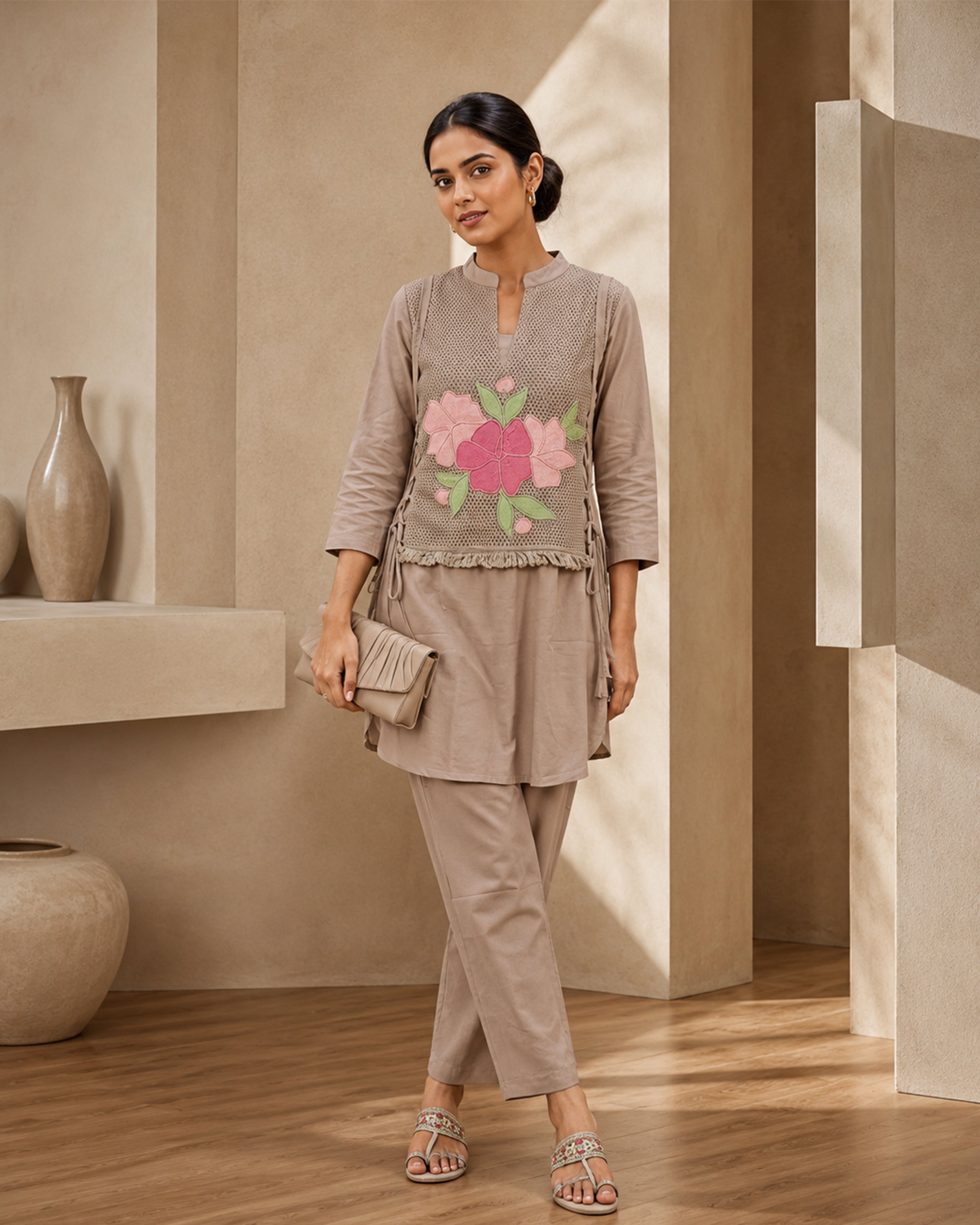 Women's Premium Beige Floral Flex Cotton Kurta Pant Set