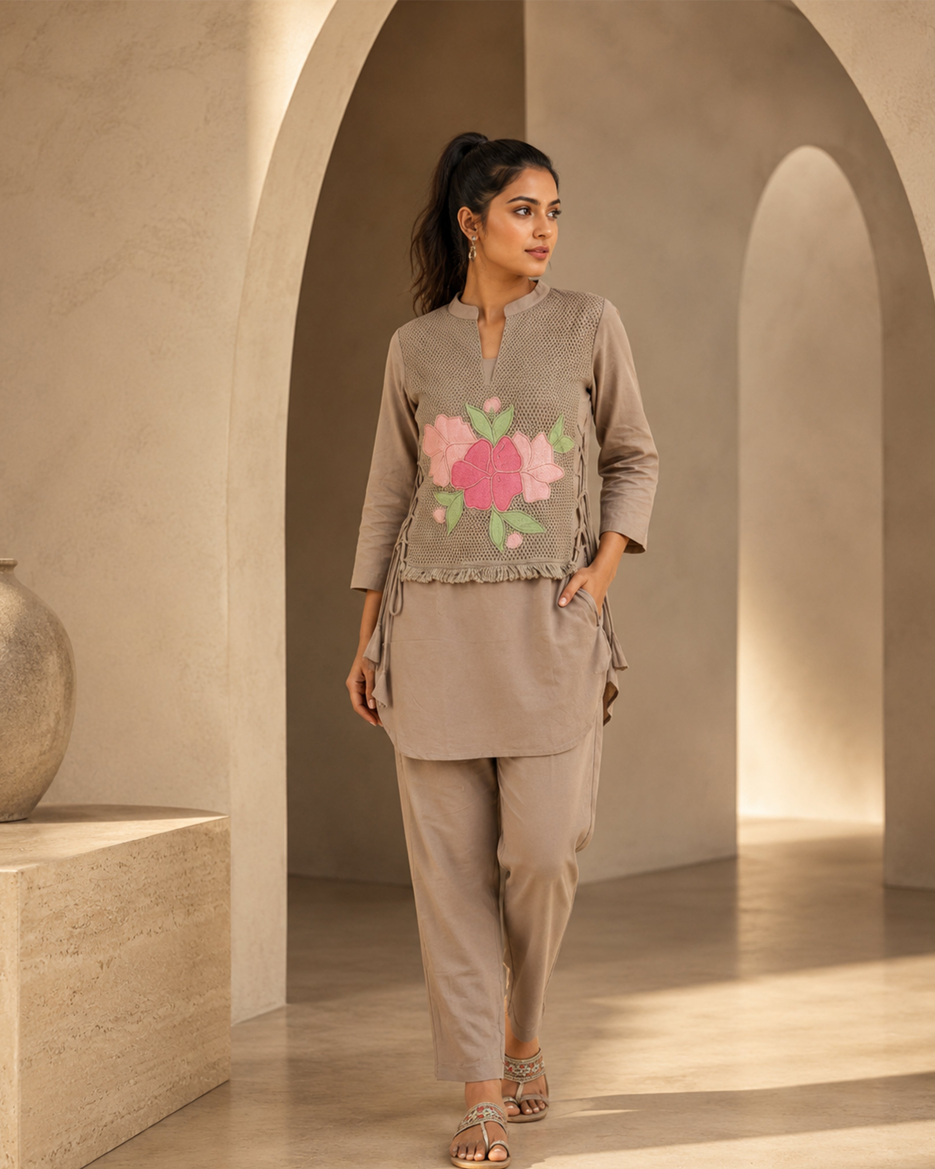 Women's Premium Beige Floral Flex Cotton Kurta Pant Set