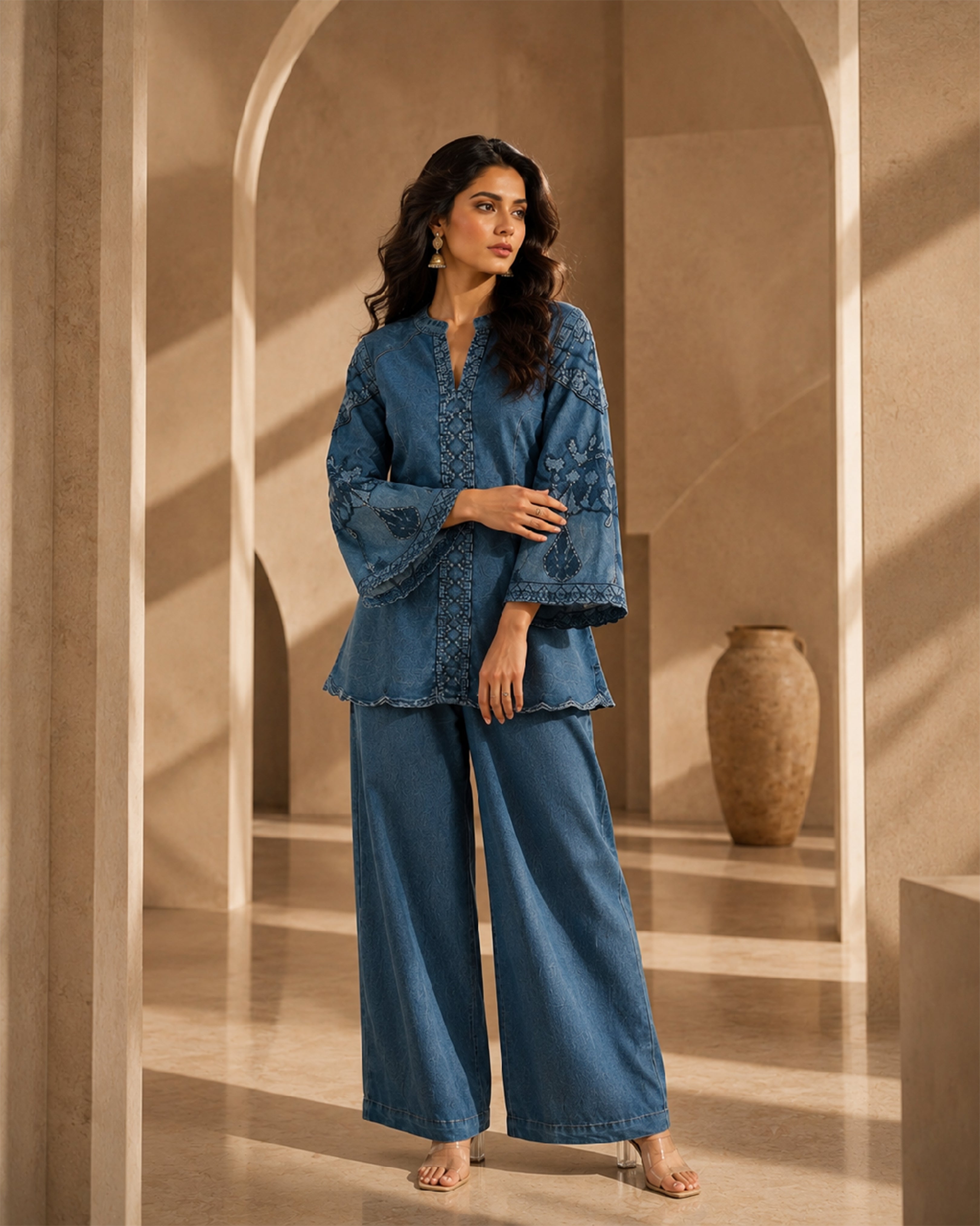 Women's Premium Blue Cotton Embroidered Co-Ord Set