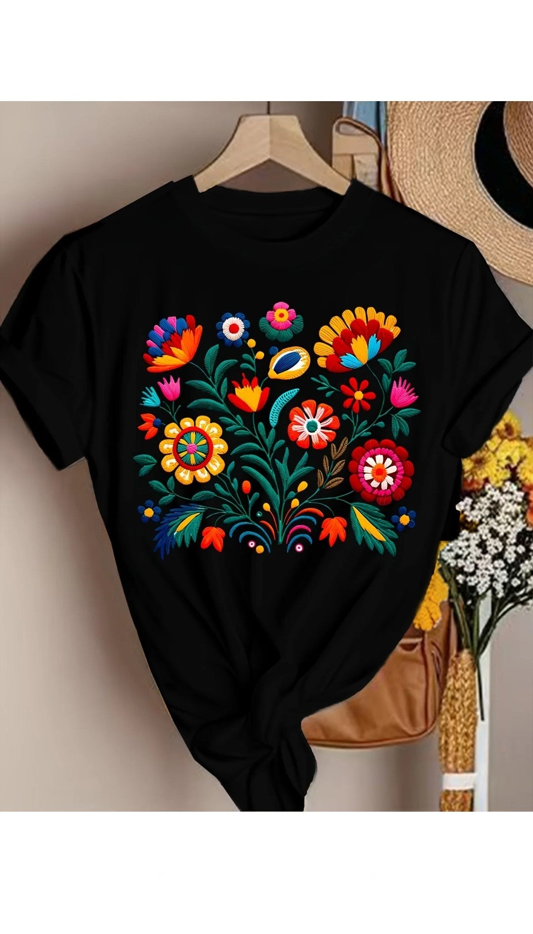 Women's Floral Letter Print T-Shirt | Trendy Graphic Cotton Blend Tee