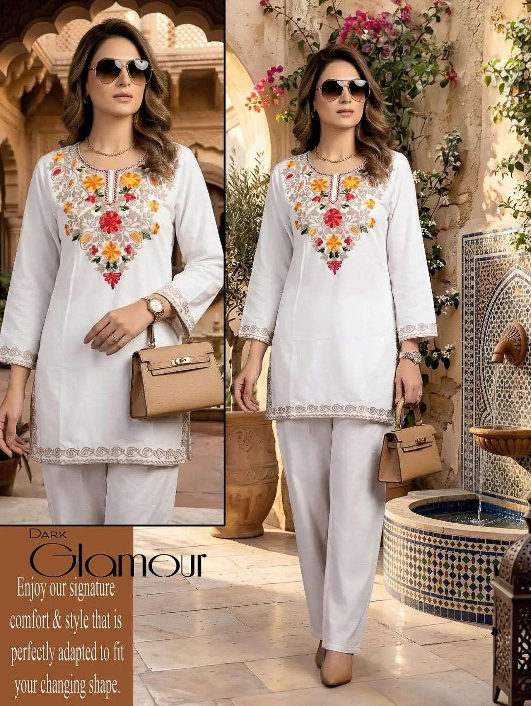 Elegant White Floral Embroidered Women’s Kurti Pant Set