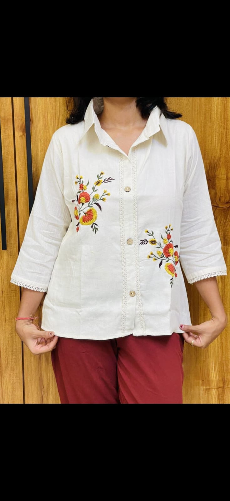 Women’s Premium Floral Embroidered Cotton Shirt – Elegant Casual White Top For Women
