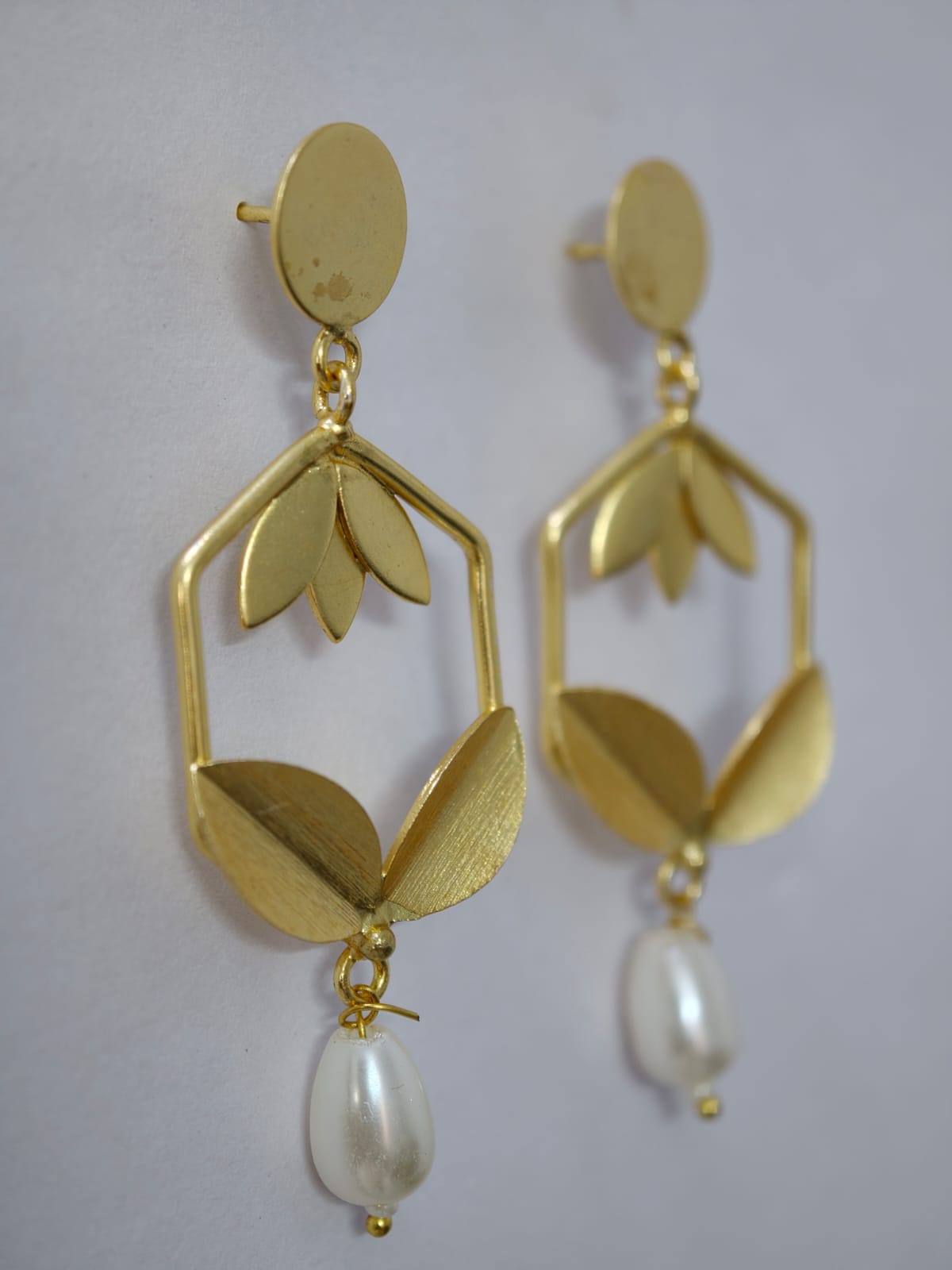 Gold Plated Pearl Leaf Brass Earrings for Women