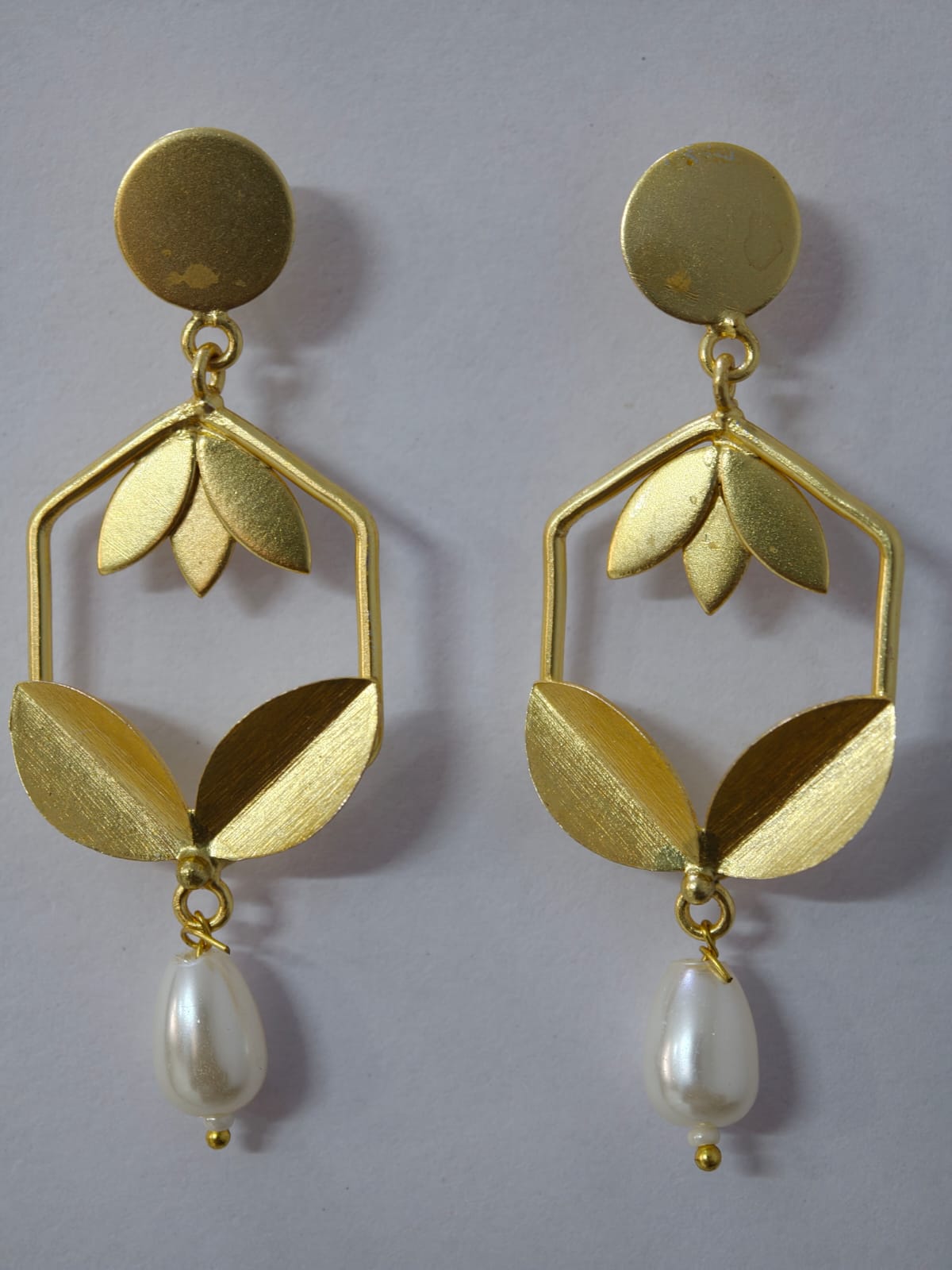 Gold Plated Pearl Leaf Brass Earrings for Women