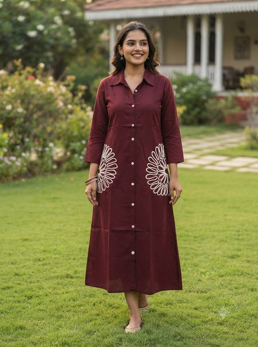 Women's Premium Wine Maroon Floral Embroidered Shirt Dress