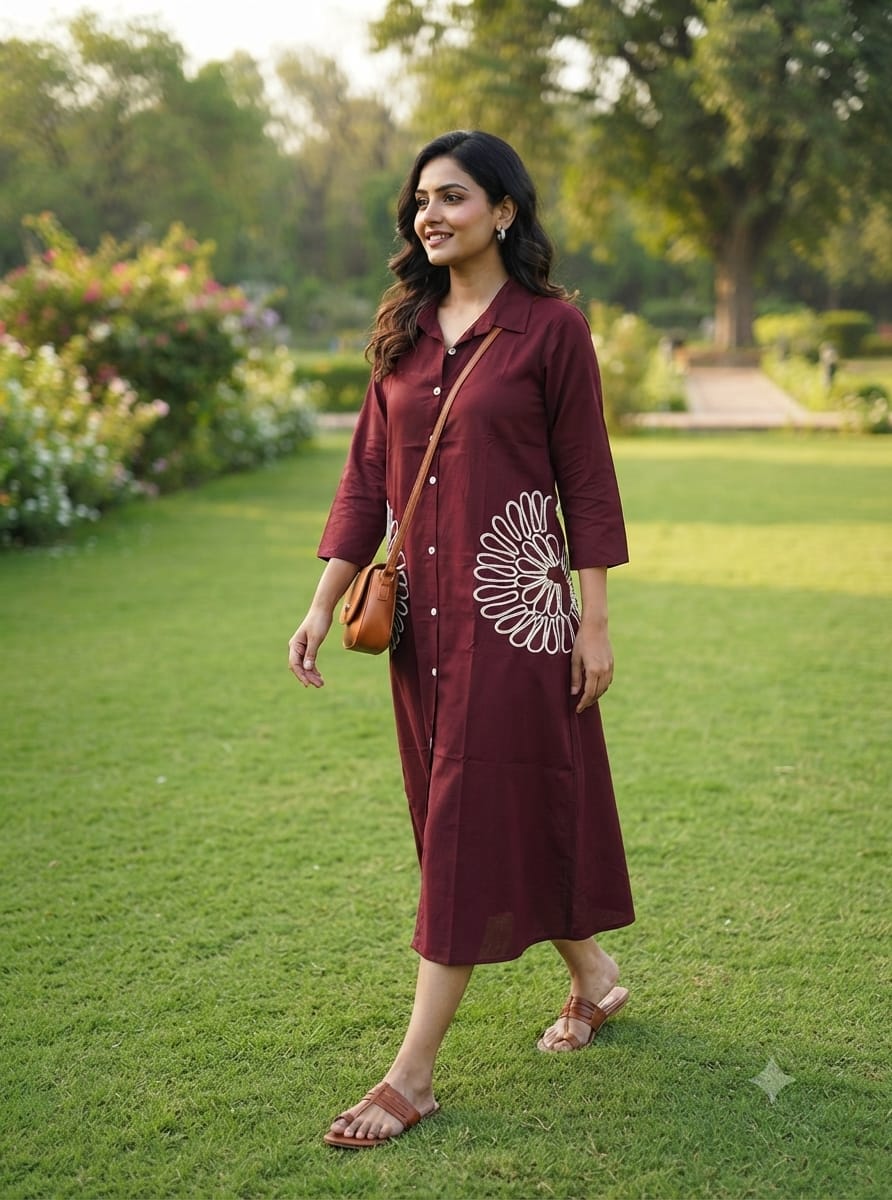 Women's Premium Wine Maroon Floral Embroidered Shirt Dress