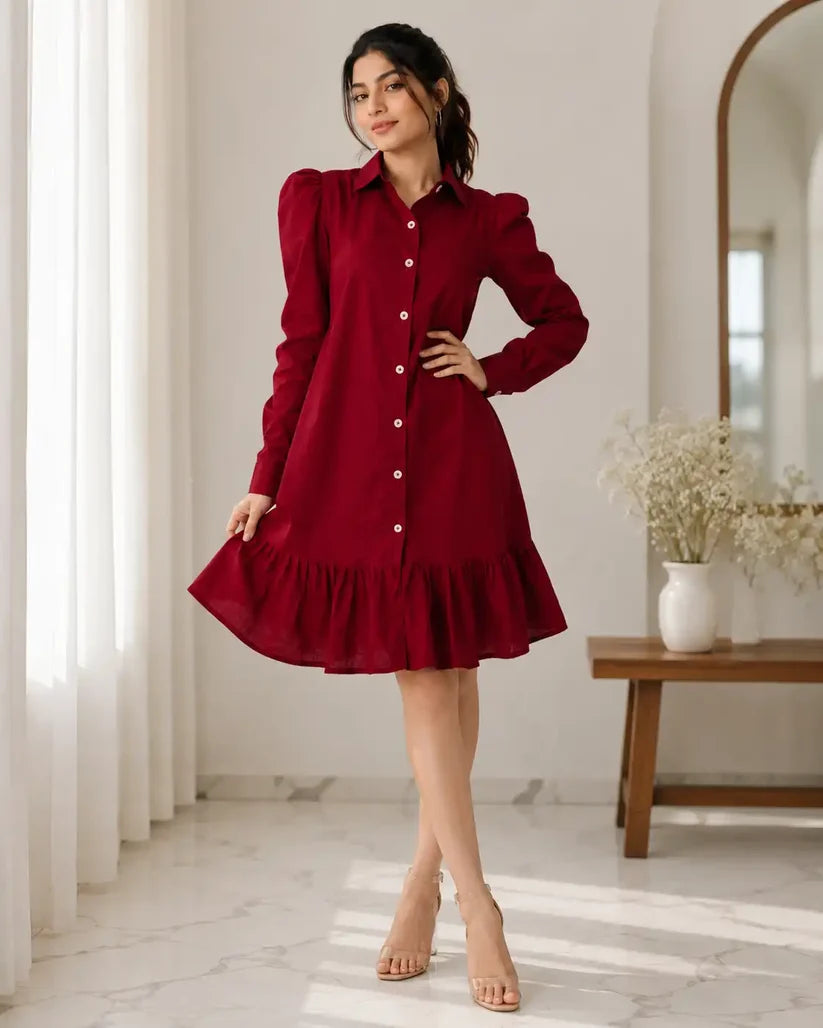 Women's Wine Cotton Shirt Dress with Heart Cut-Out Back & Ruffle Hem