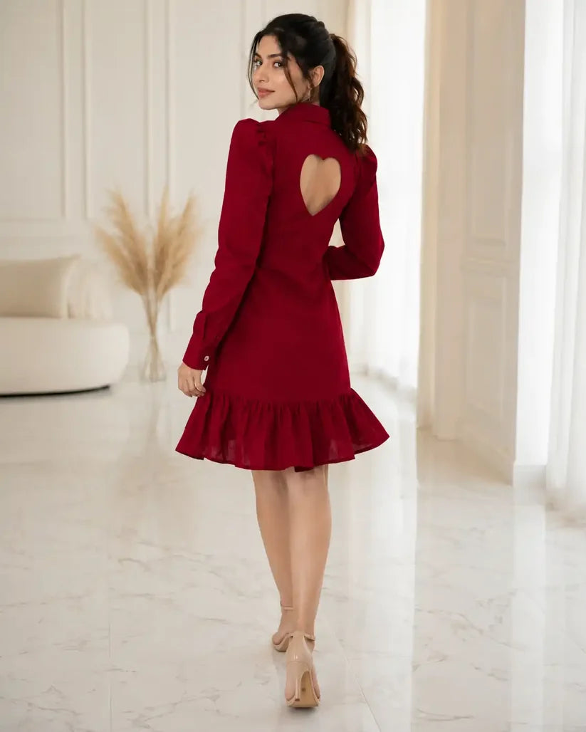 Women's Wine Cotton Shirt Dress with Heart Cut-Out Back & Ruffle Hem