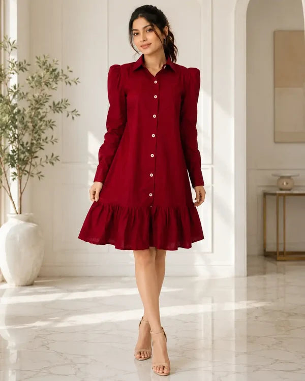 Women's Wine Cotton Shirt Dress with Heart Cut-Out Back & Ruffle Hem