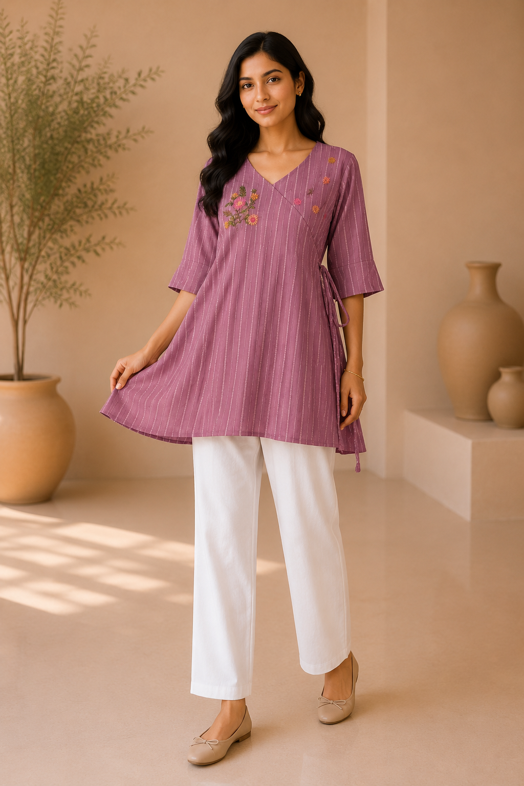 Girls Floral Embroidered Wrap Style Kurti Dress – Mauve Pink Cotton Blend Ethnic Wear for Kids