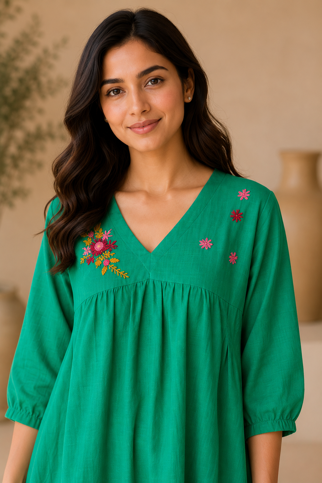 Women's Emerald Green Floral Embroidered V-Neck Top | Stylish Casual Ethnic Top
