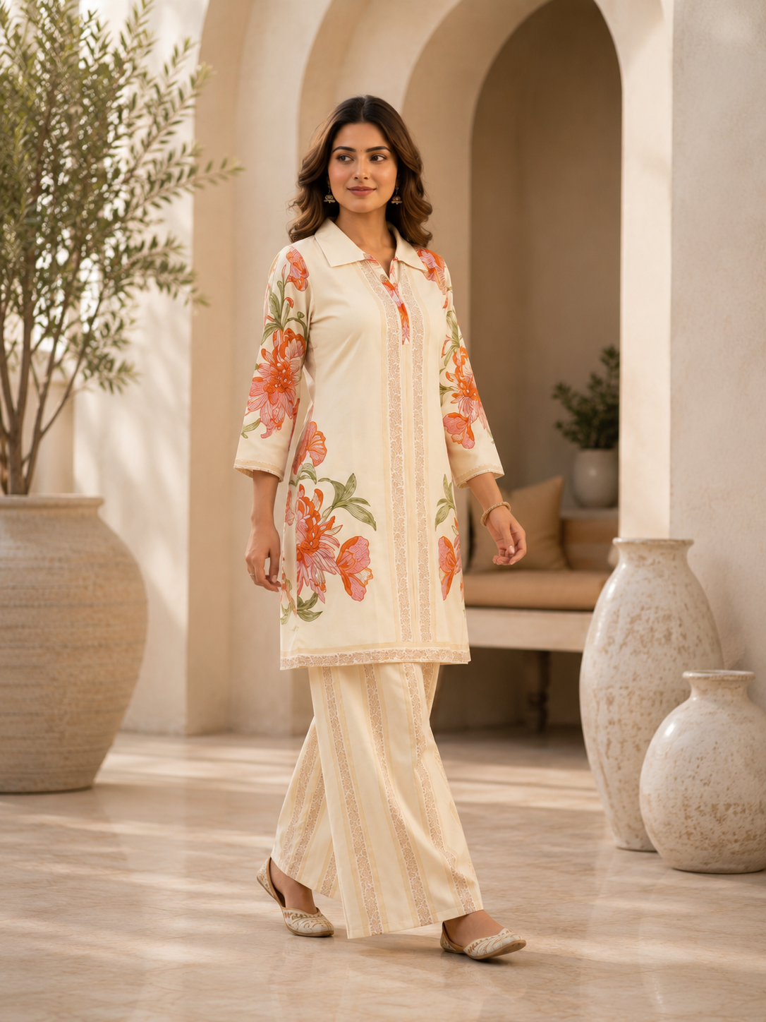 Women's Premium Cream Floral Printed Co-Ord Set | Elegant Kurta & Palazzo Set
