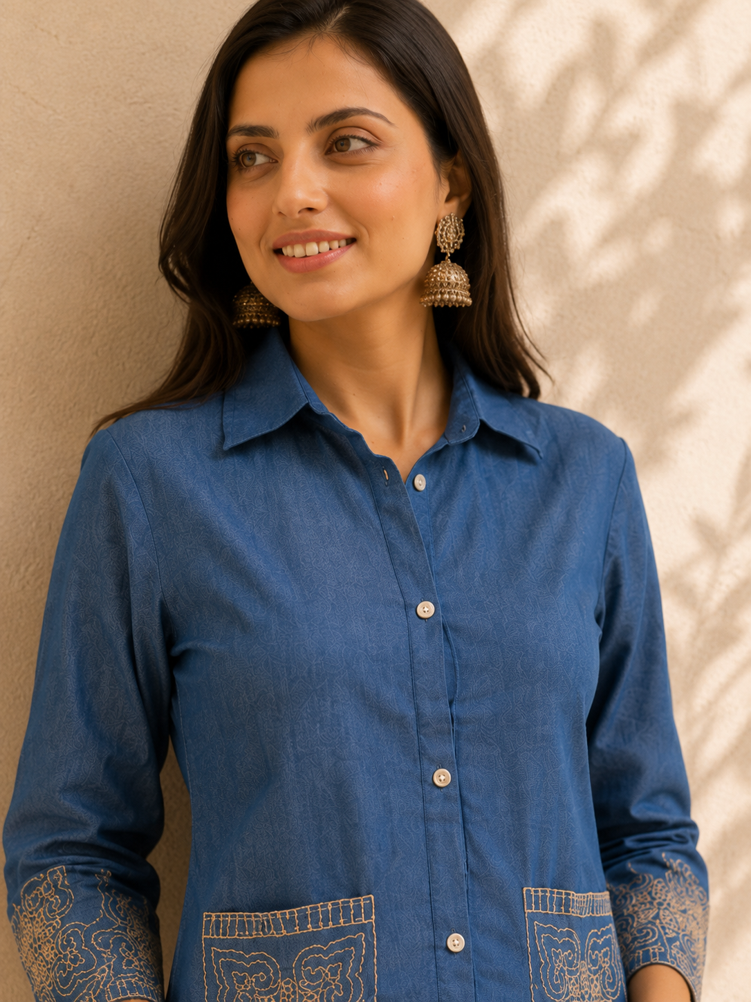 Women's Premium Blue Embroidered Co-Ord Set | Cotton Blend Shirt & Straight Pants | Elegant Casual Wear
