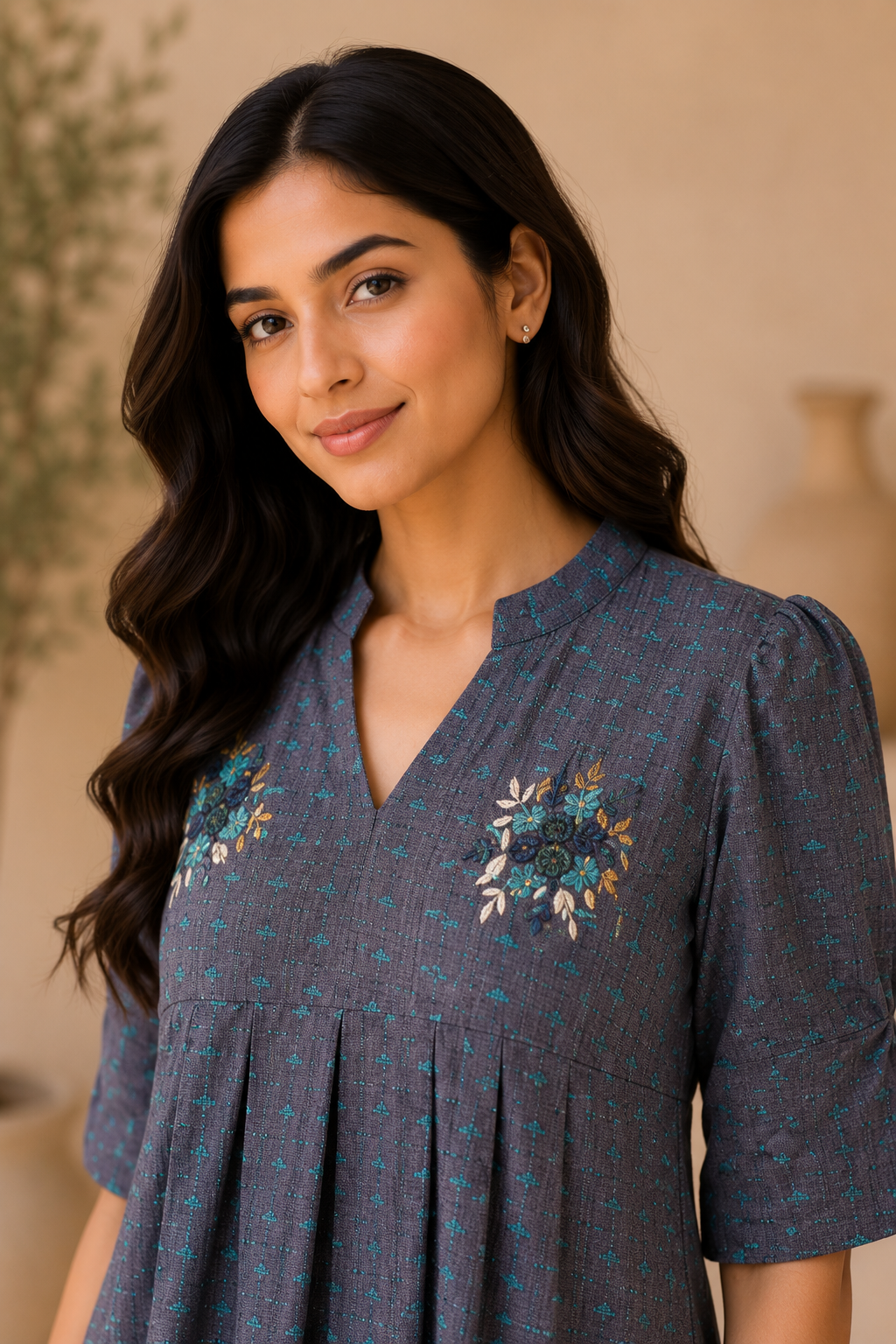 Girls Embroidered Cotton Blend A-Line Kurti Dress – Grey & Turquoise Ethnic Wear for Kids