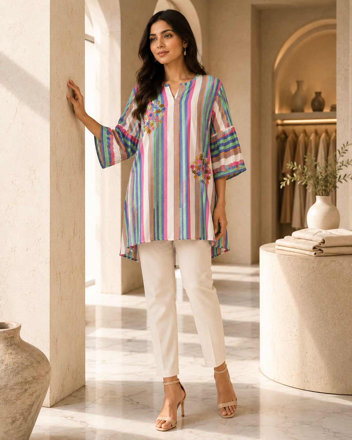 Elegant Multicolor Striped Embroidered Kurti with Bell Sleeves