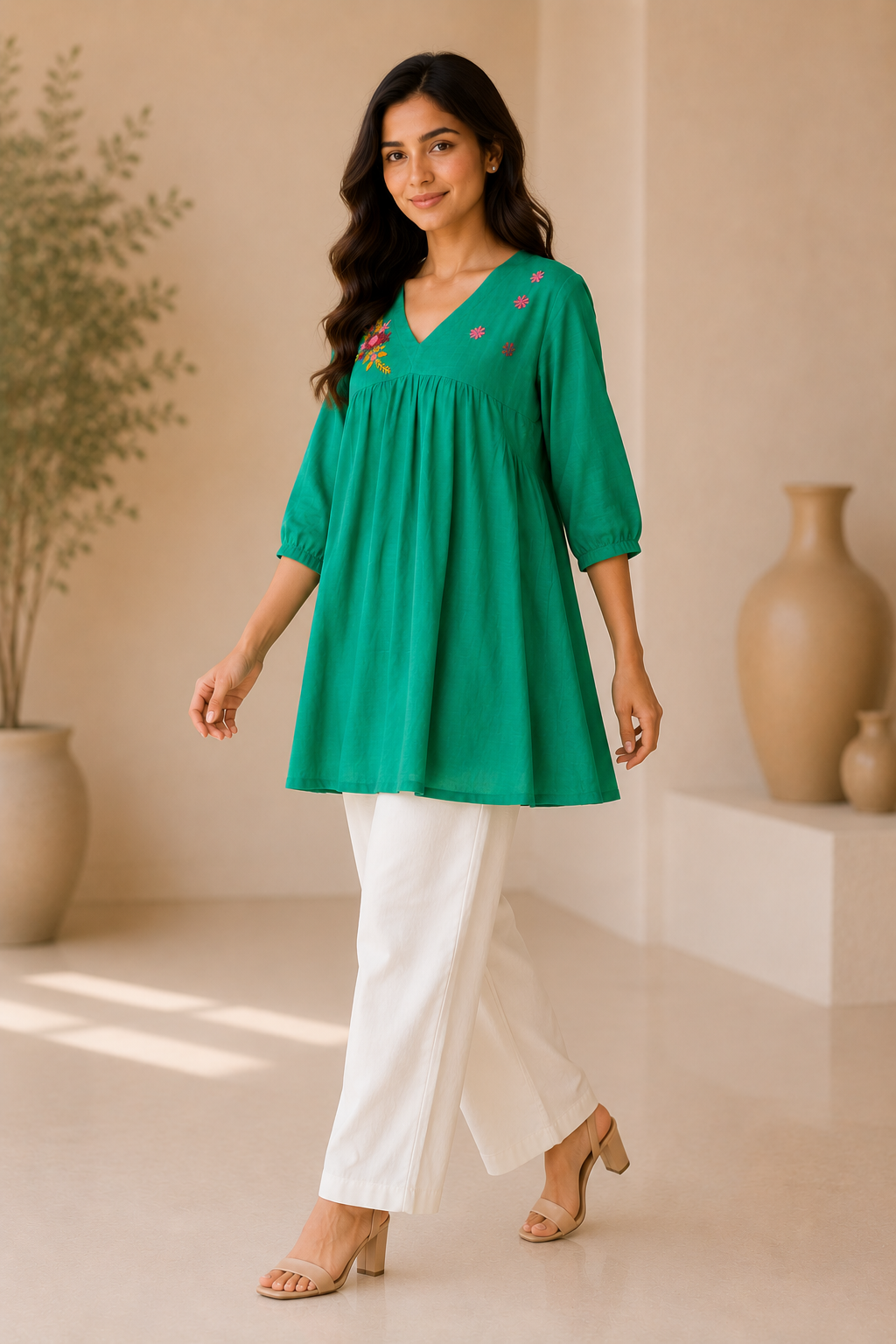 Women's Emerald Green Floral Embroidered V-Neck Top | Stylish Casual Ethnic Top