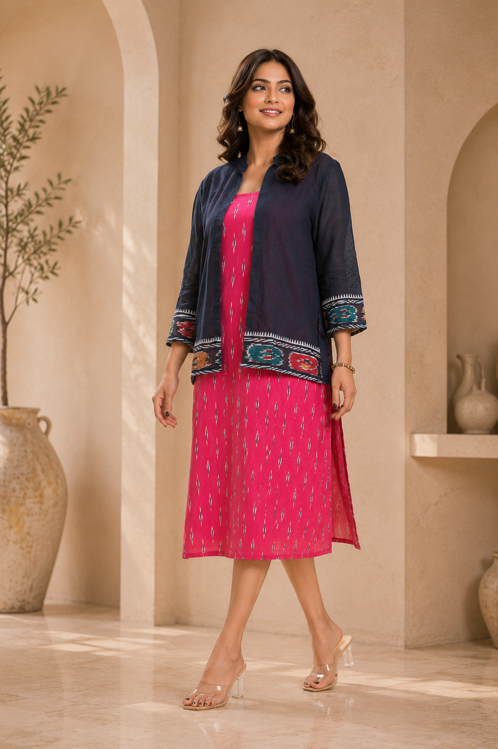 Women's Pink Ikat Print Straight Dress with Navy Blue Shrug | Ethnic Fusion Midi Dress