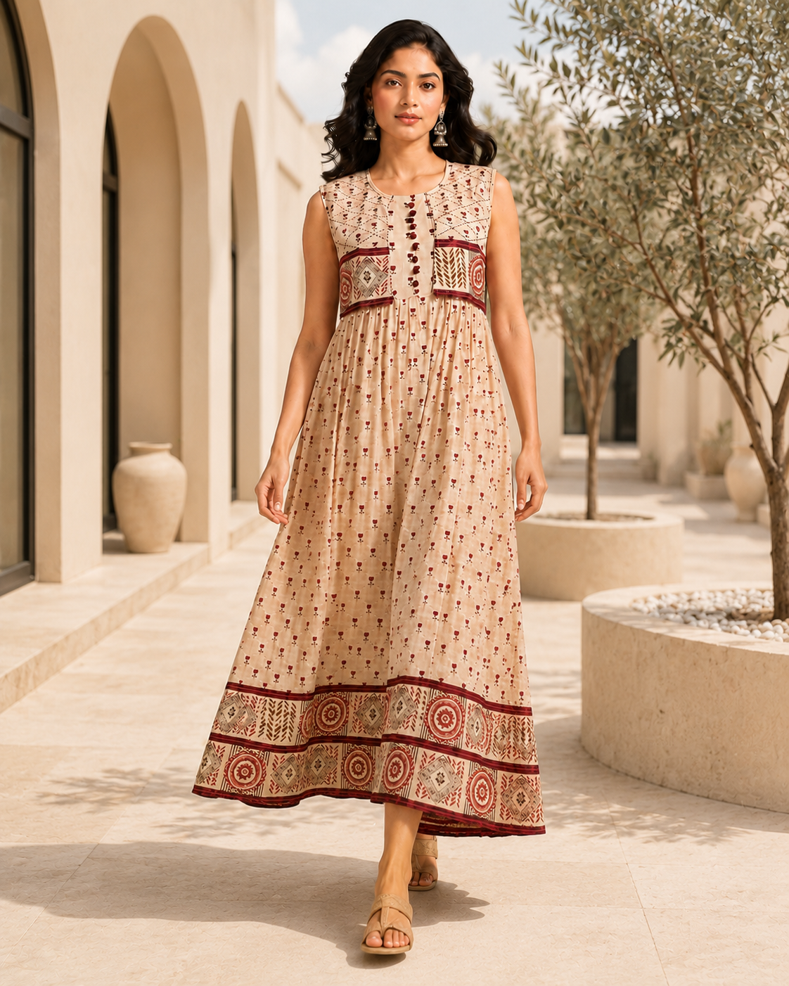 Women's Premium Beige Printed A-Line Maxi Dress | Sleeveless Ethnic Cotton Dress