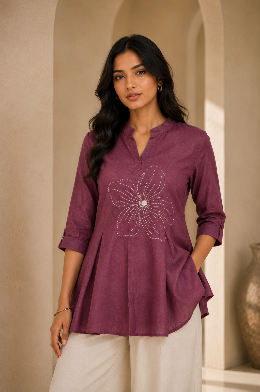 Women's Mauve Floral Embroidered Flared Top | Stylish Half Sleeve Casual Ethnic Top