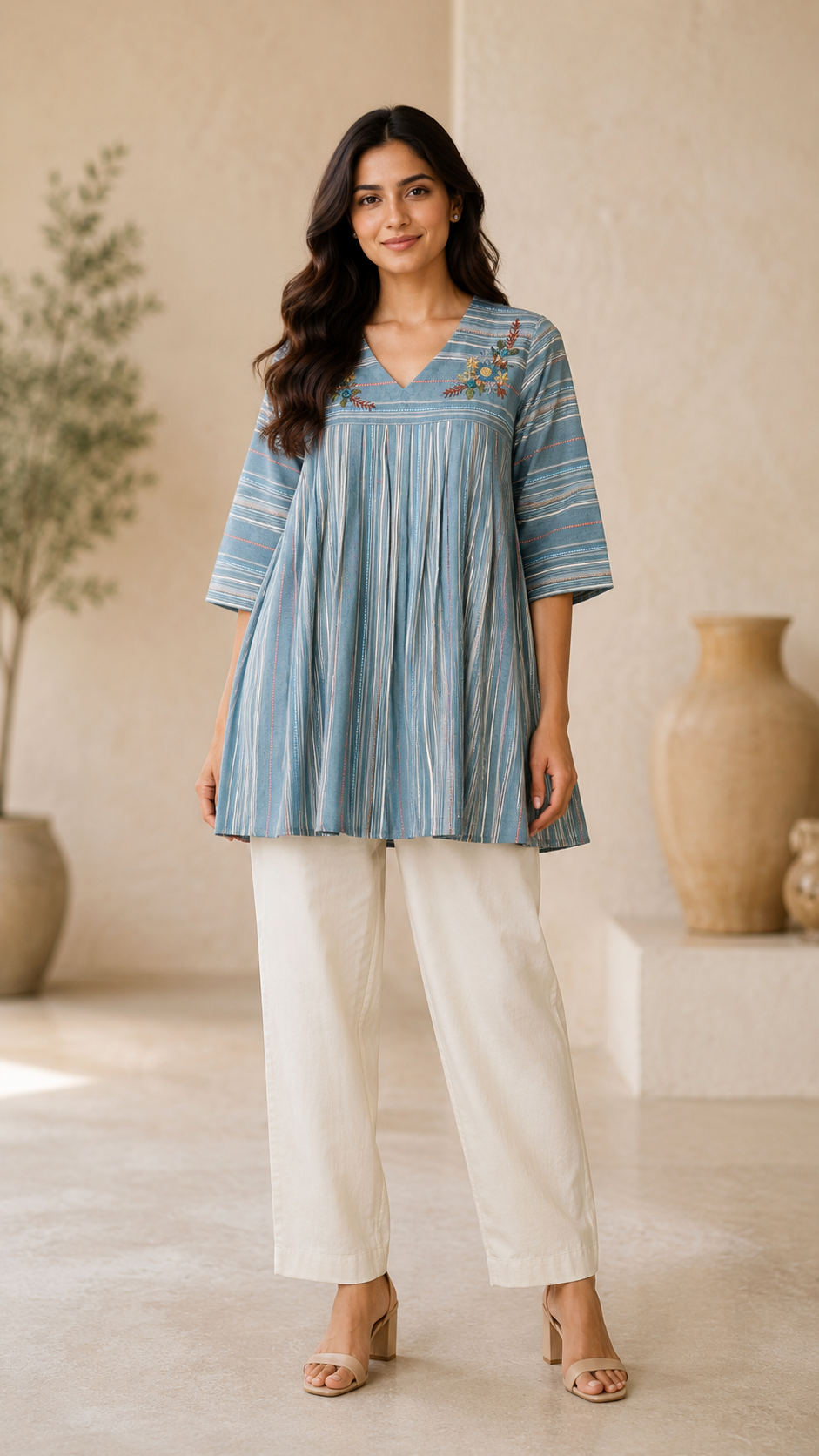 Women's Sky Blue Striped Embroidered Peplum Top | Elegant Casual Ethnic Top for Women