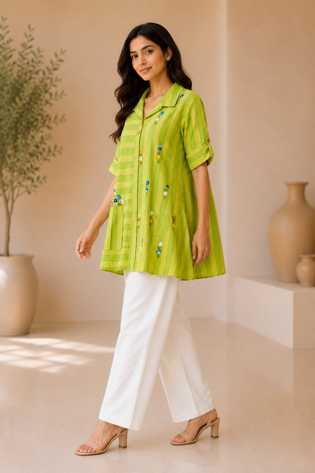 Women's Lime Green Striped Embroidered Collared Kurti | Stylish Casual Ethnic Top