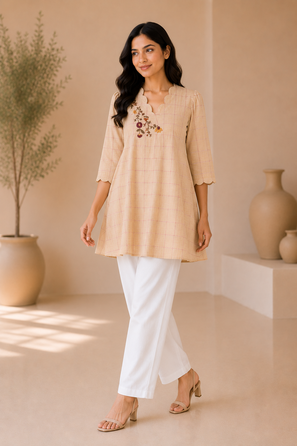 Girls Embroidered Checked A-Line Kurti Dress – Beige Cotton Blend Ethnic Wear for Kids