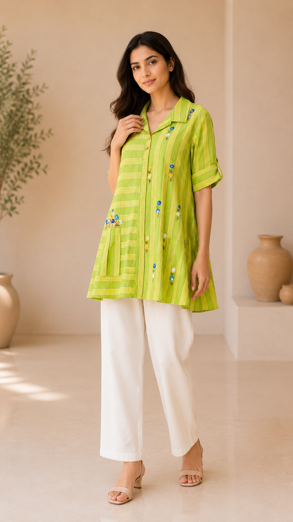 Women's Lime Green Striped Embroidered Collared Kurti | Stylish Casual Ethnic Top