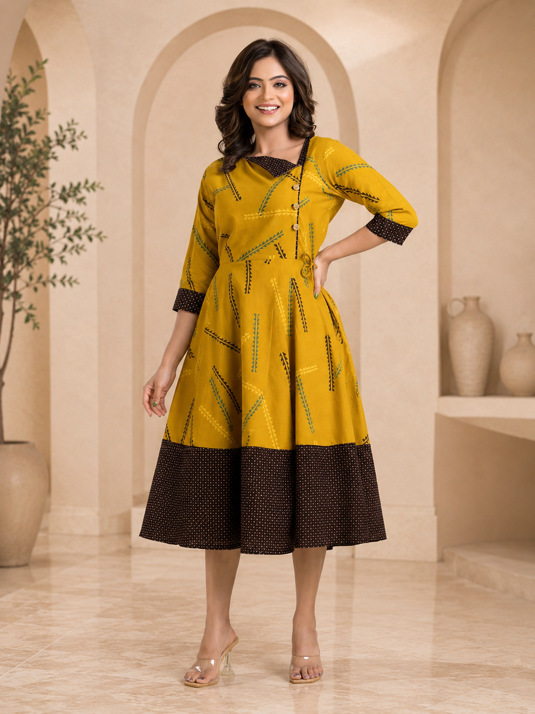 Mustard Yellow Printed Anarkali Dress for Women | Stylish Flared Midi Dress