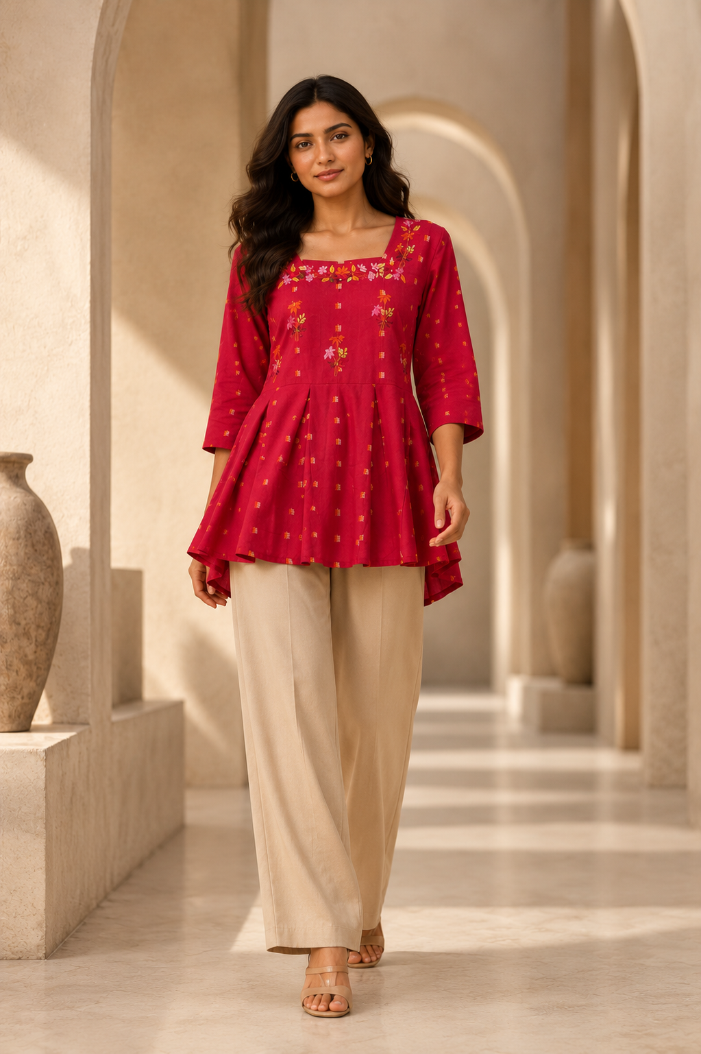 Women's Maroon Floral Embroidered Peplum Top | Stylish Flared Ethnic Top for Women