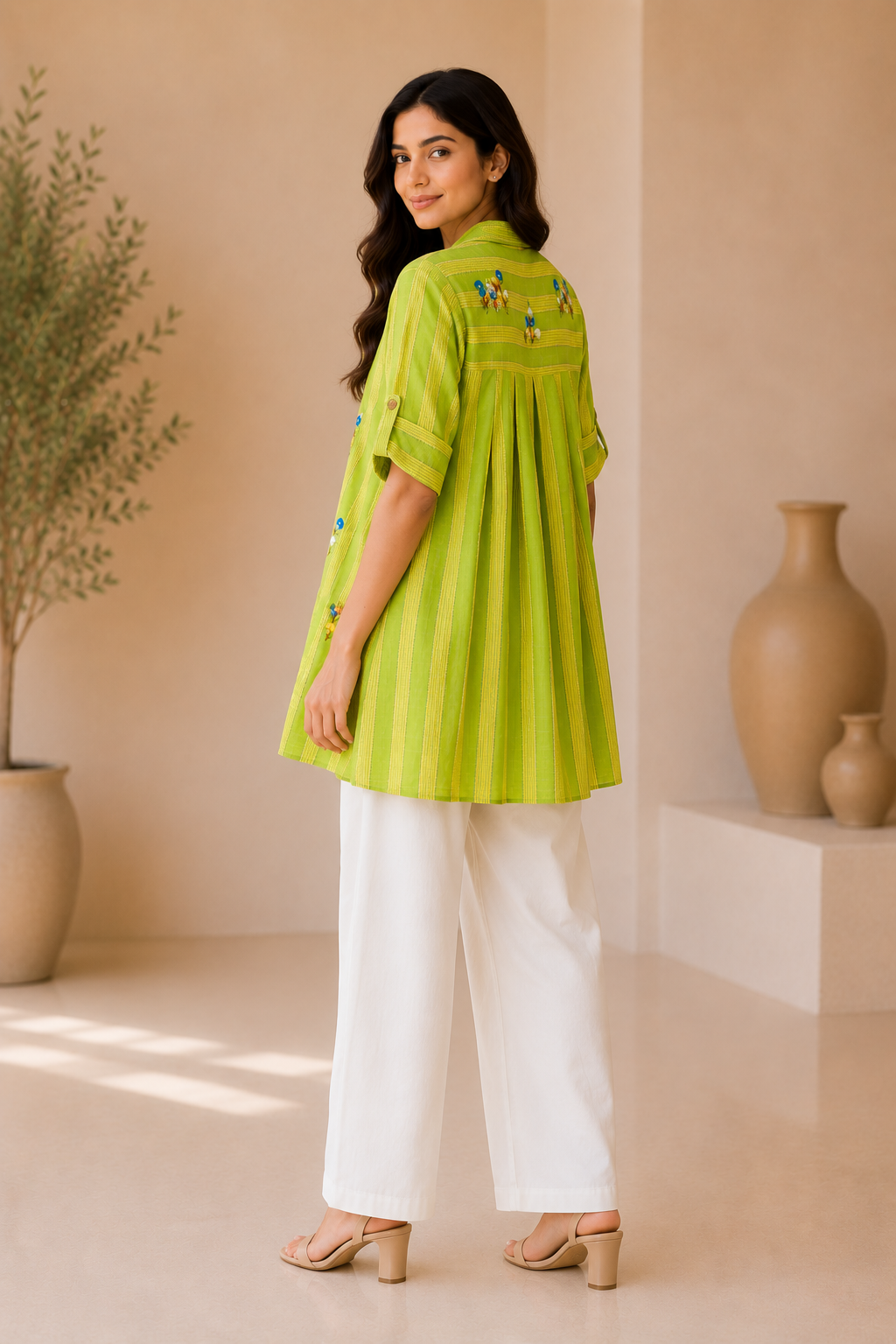 Women's Lime Green Striped Embroidered Collared Kurti | Stylish Casual Ethnic Top