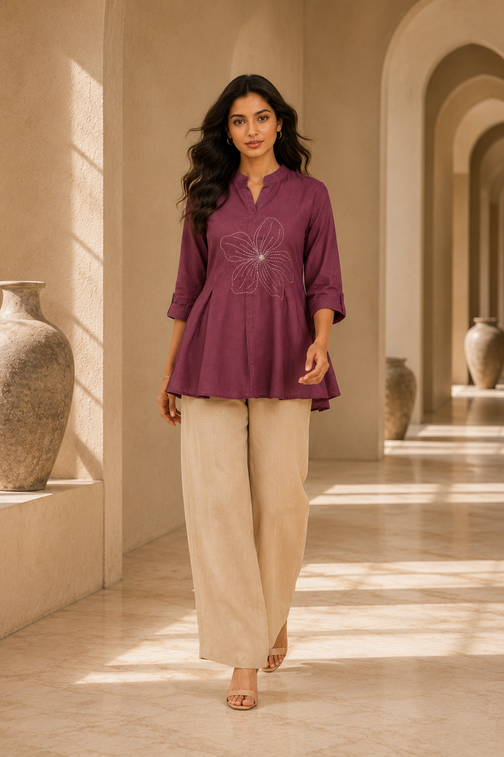 Women's Mauve Floral Embroidered Flared Top | Stylish Half Sleeve Casual Ethnic Top