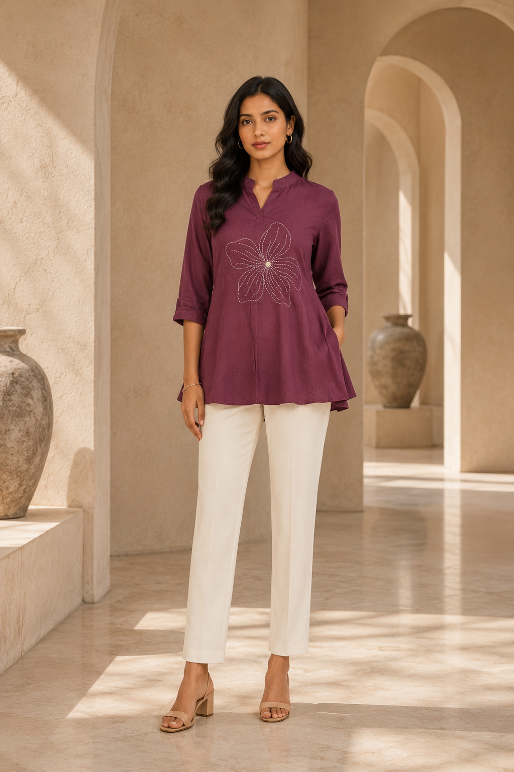 Women's Mauve Floral Embroidered Flared Top | Stylish Half Sleeve Casual Ethnic Top