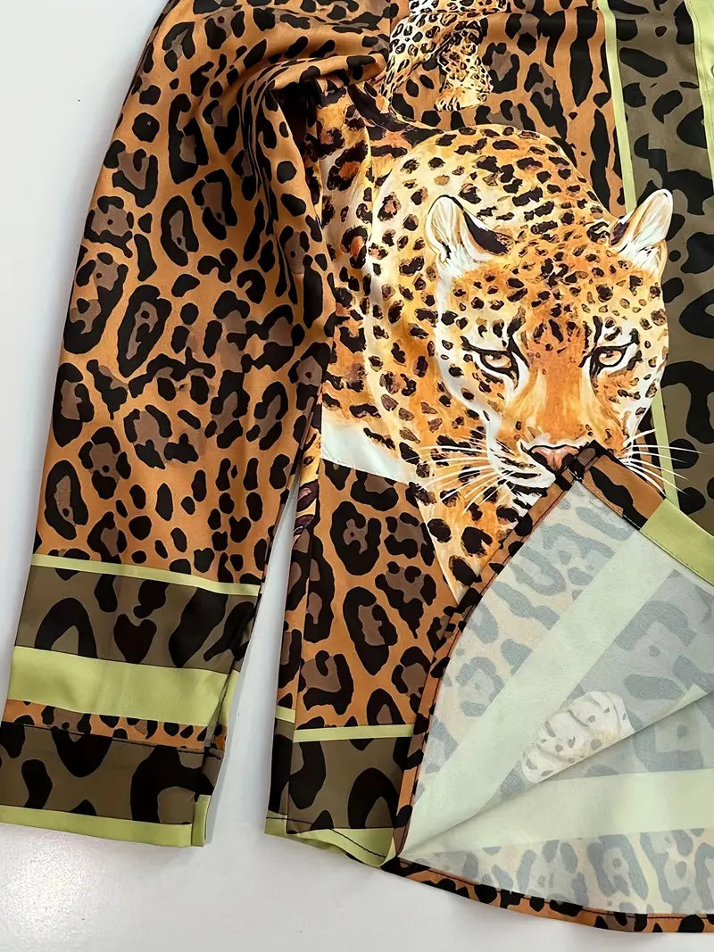 Savannah Luxe Leopard Print Satin Shirt | Premium Long Sleeve Party Wear Top