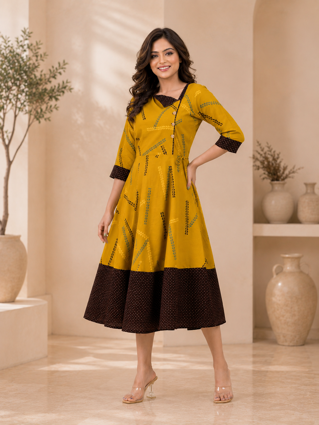 Mustard Yellow Printed Anarkali Dress for Women | Stylish Flared Midi Dress