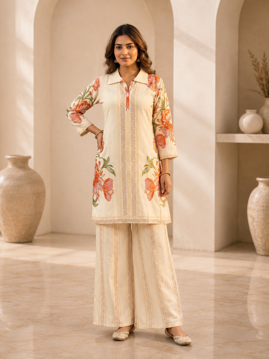 Women's Premium Cream Floral Printed Co-Ord Set | Elegant Kurta & Palazzo Set