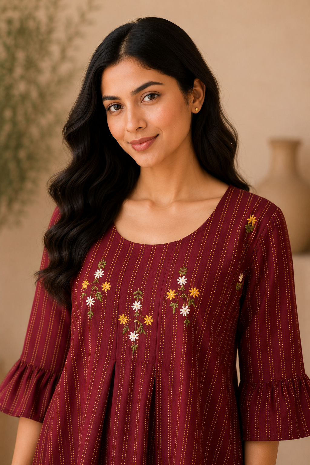 Girls Floral Embroidered A-Line Kurti Dress – Maroon Cotton Blend Ethnic Wear for Kids