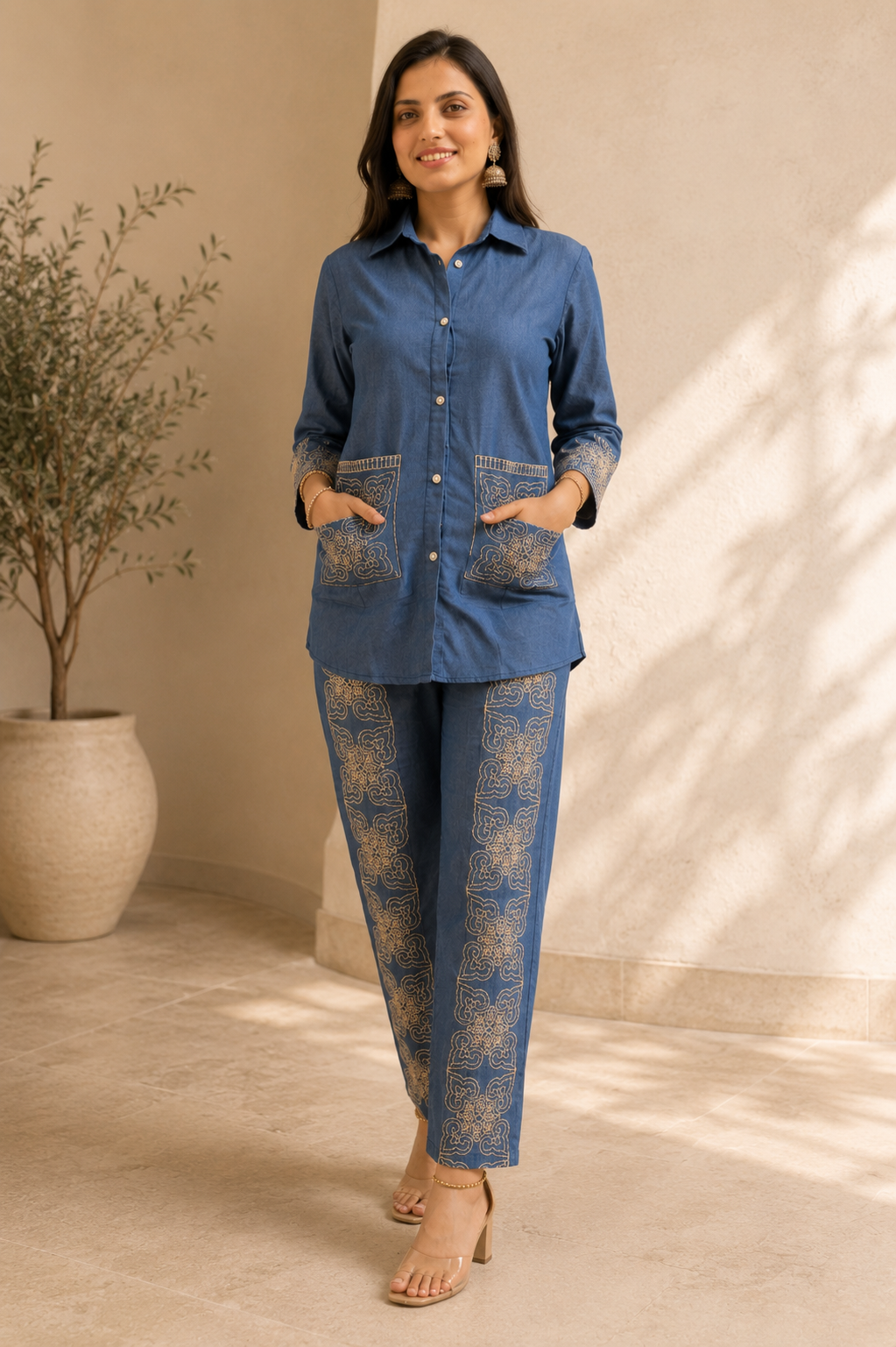 Women's Premium Blue Embroidered Co-Ord Set | Cotton Blend Shirt & Straight Pants | Elegant Casual Wear