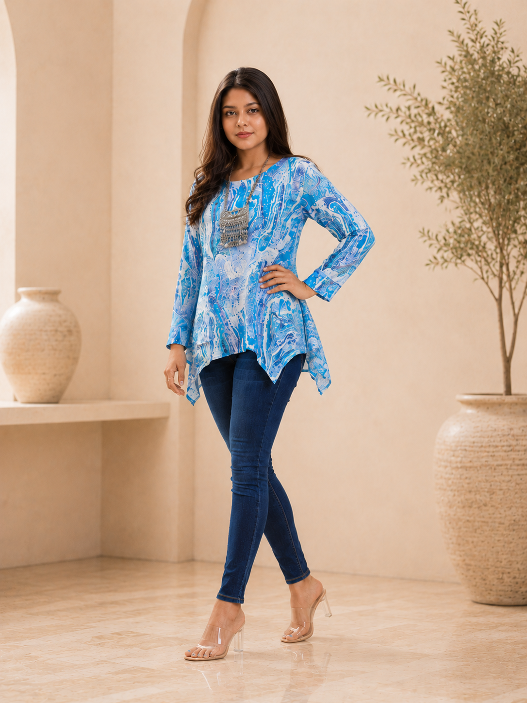 Women's Blue Abstract Print Asymmetrical Tunic Top | Casual Designer Long Top