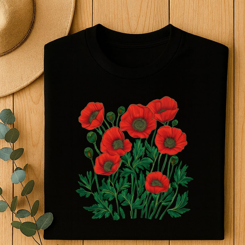 Red & Pink Poppy Botanical Floral Graphic T-Shirt - Nature Lover Tee