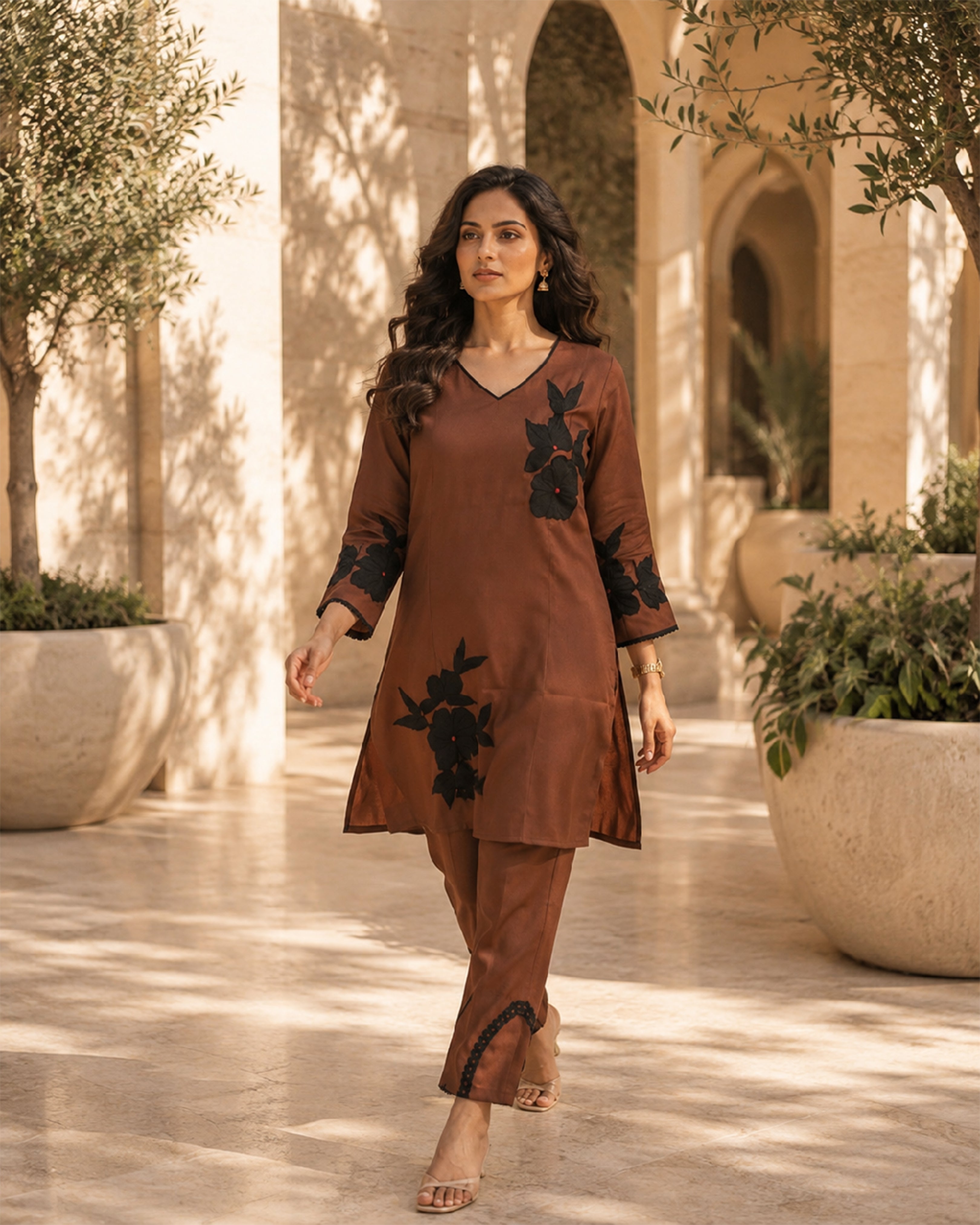 Women's Premium Brown Floral Mal Chanderi Kurta Pant Set