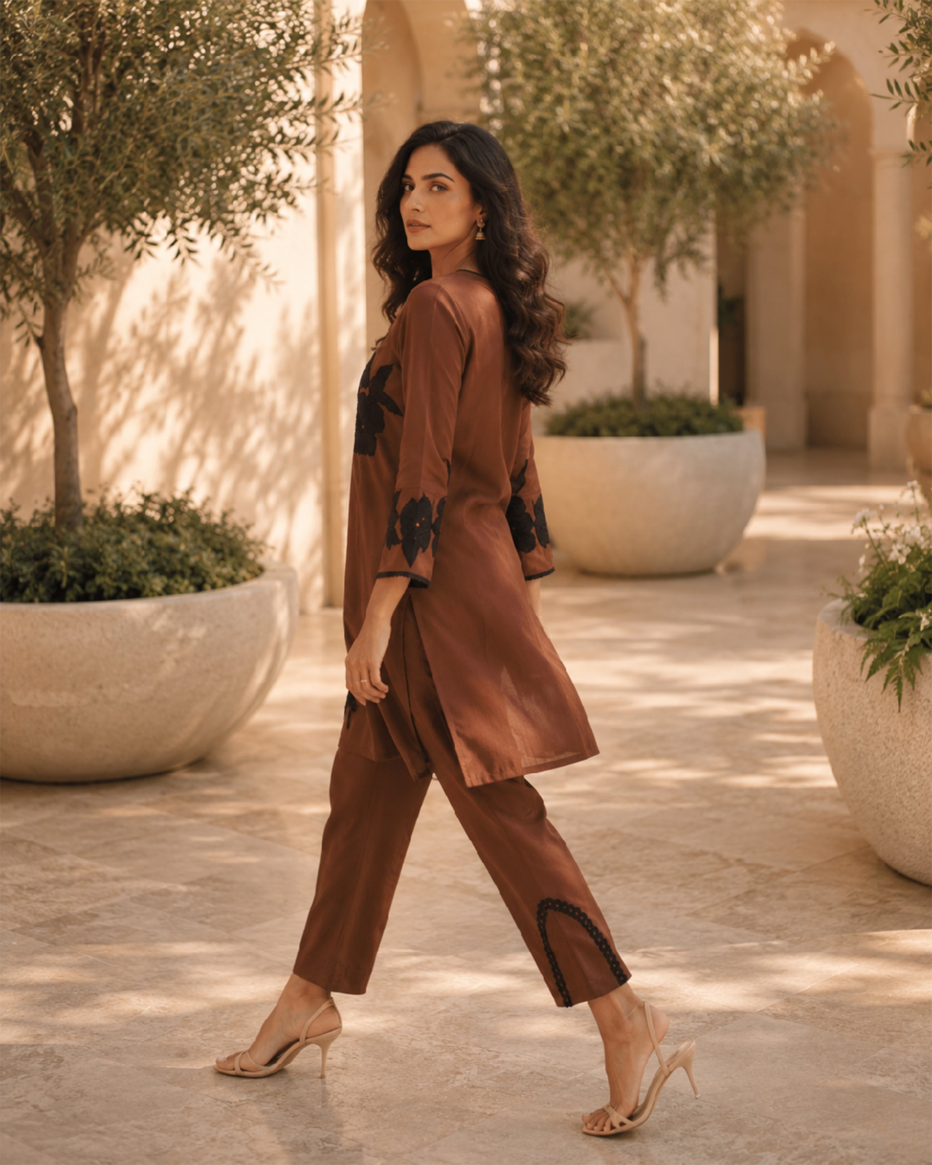 Women's Premium Brown Floral Mal Chanderi Kurta Pant Set
