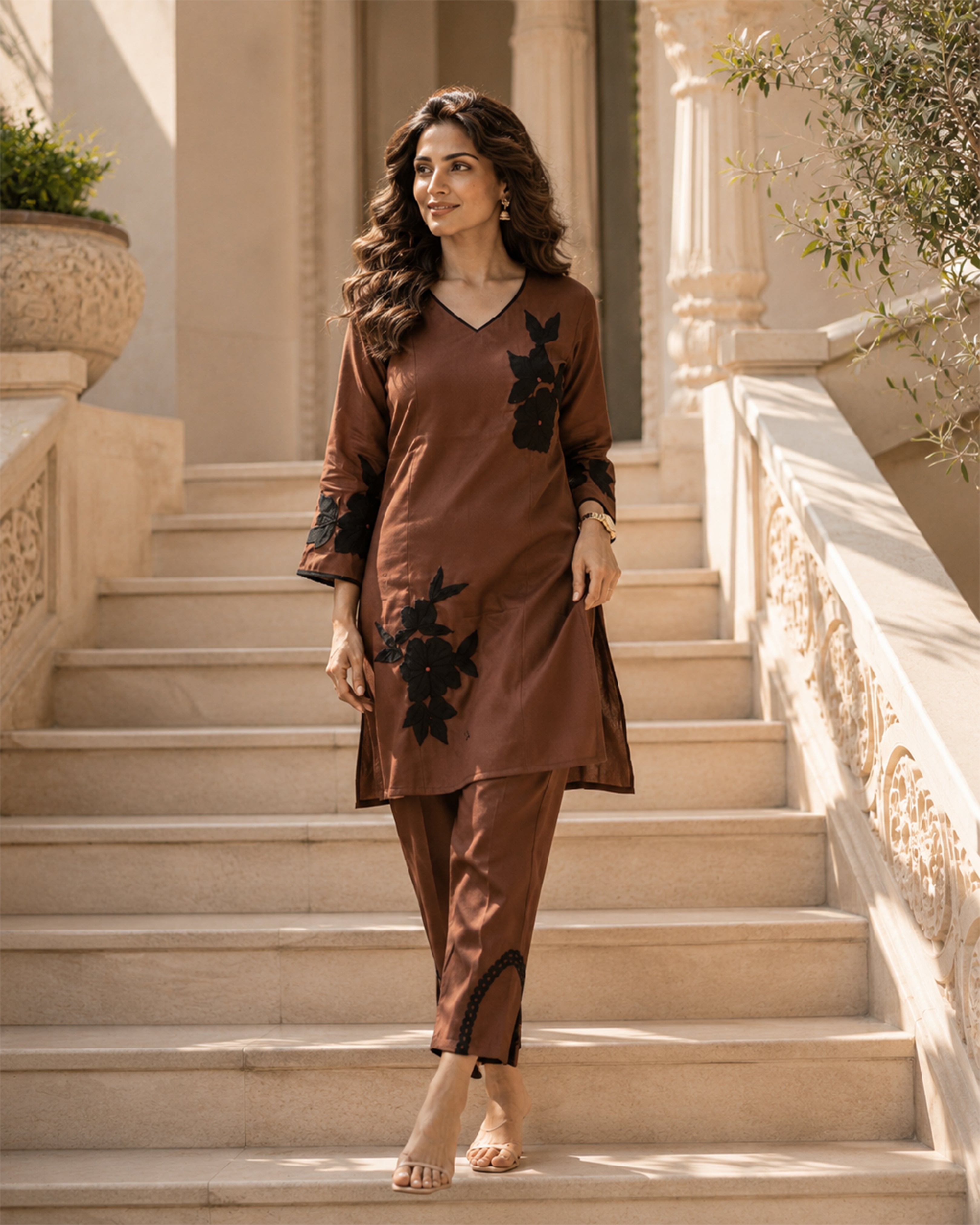 Women's Premium Brown Floral Mal Chanderi Kurta Pant Set