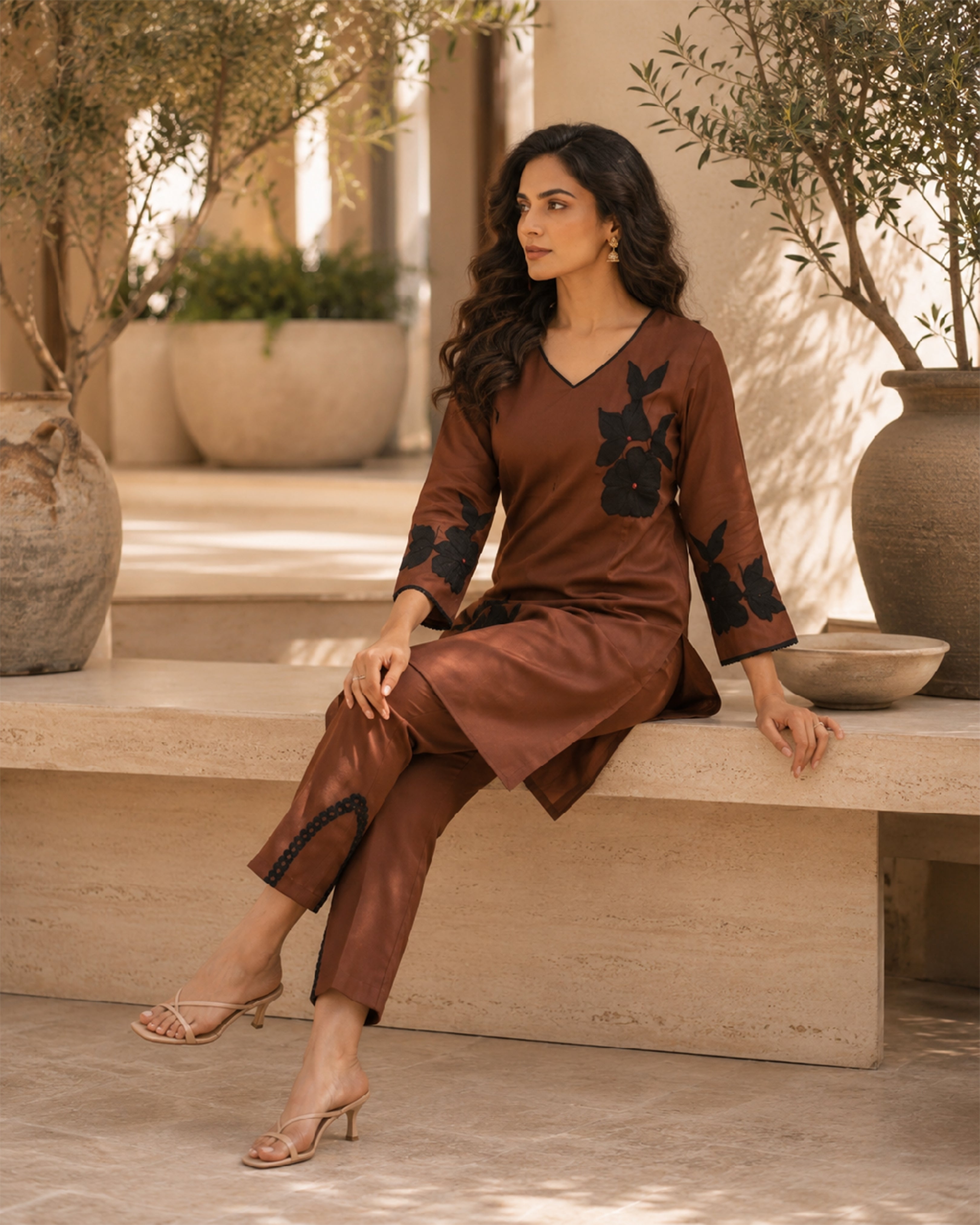 Women's Premium Brown Floral Mal Chanderi Kurta Pant Set